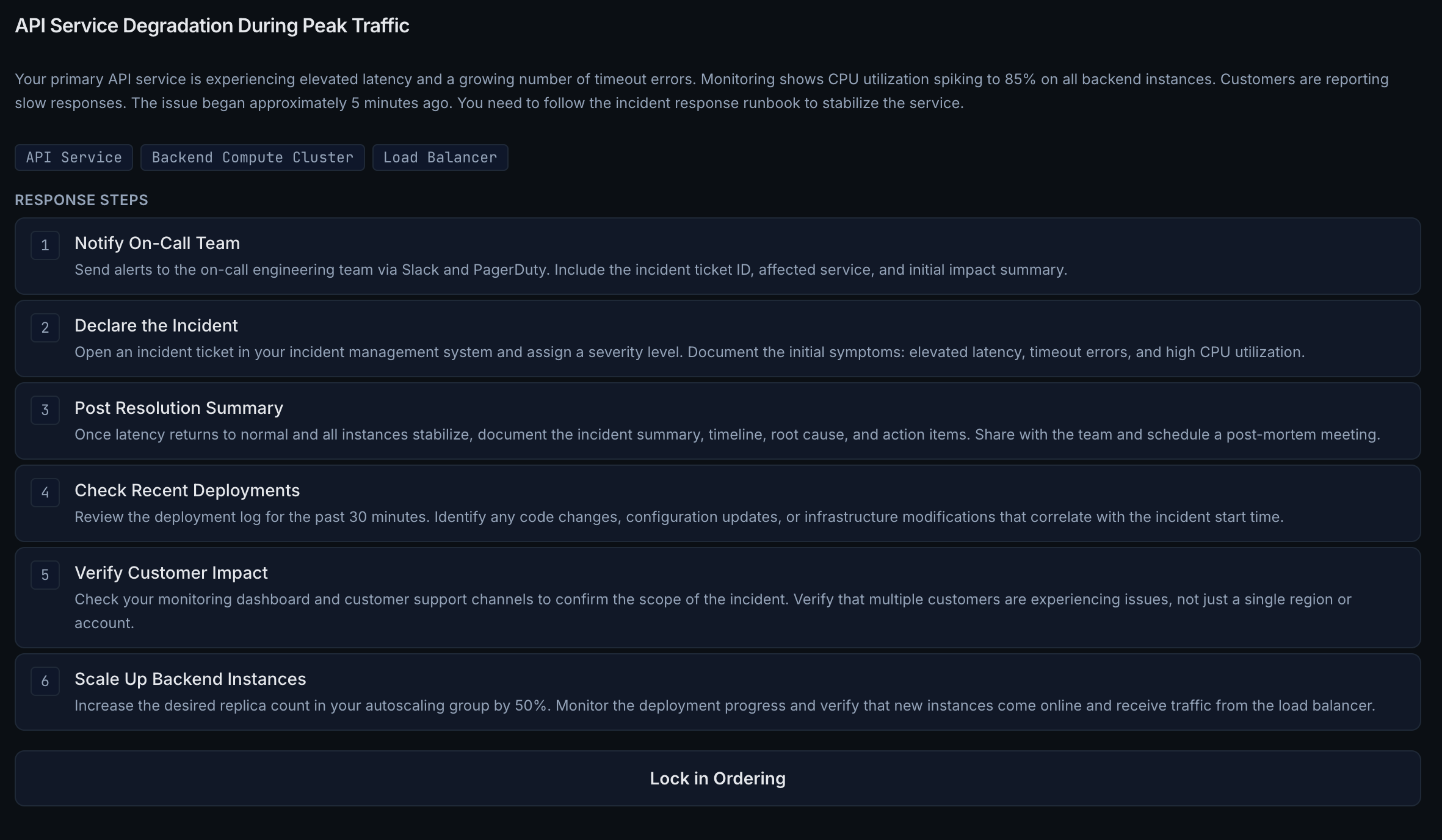 Runbook Ordering exercise showing draggable incident response steps