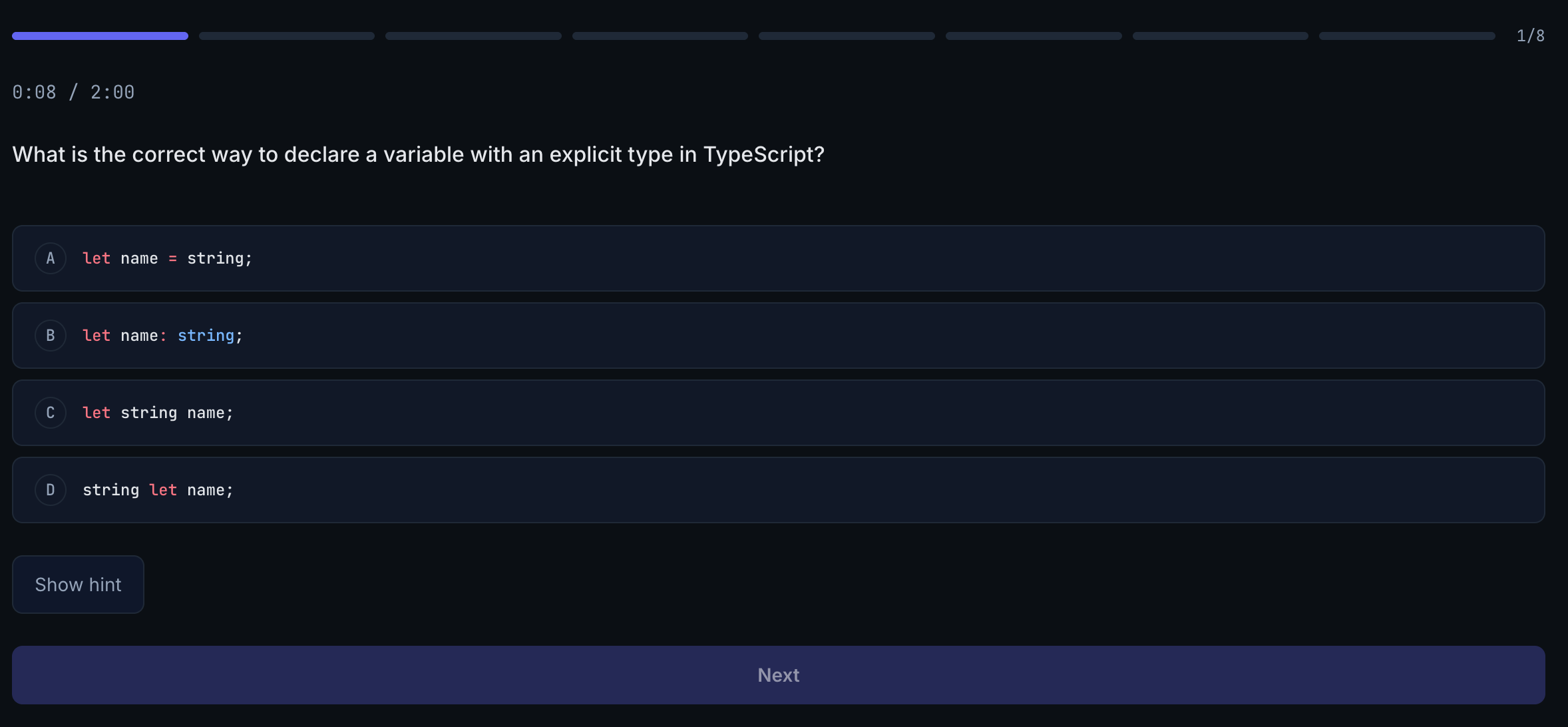 Syntax Sprint exercise showing multiple choice question with progress bar